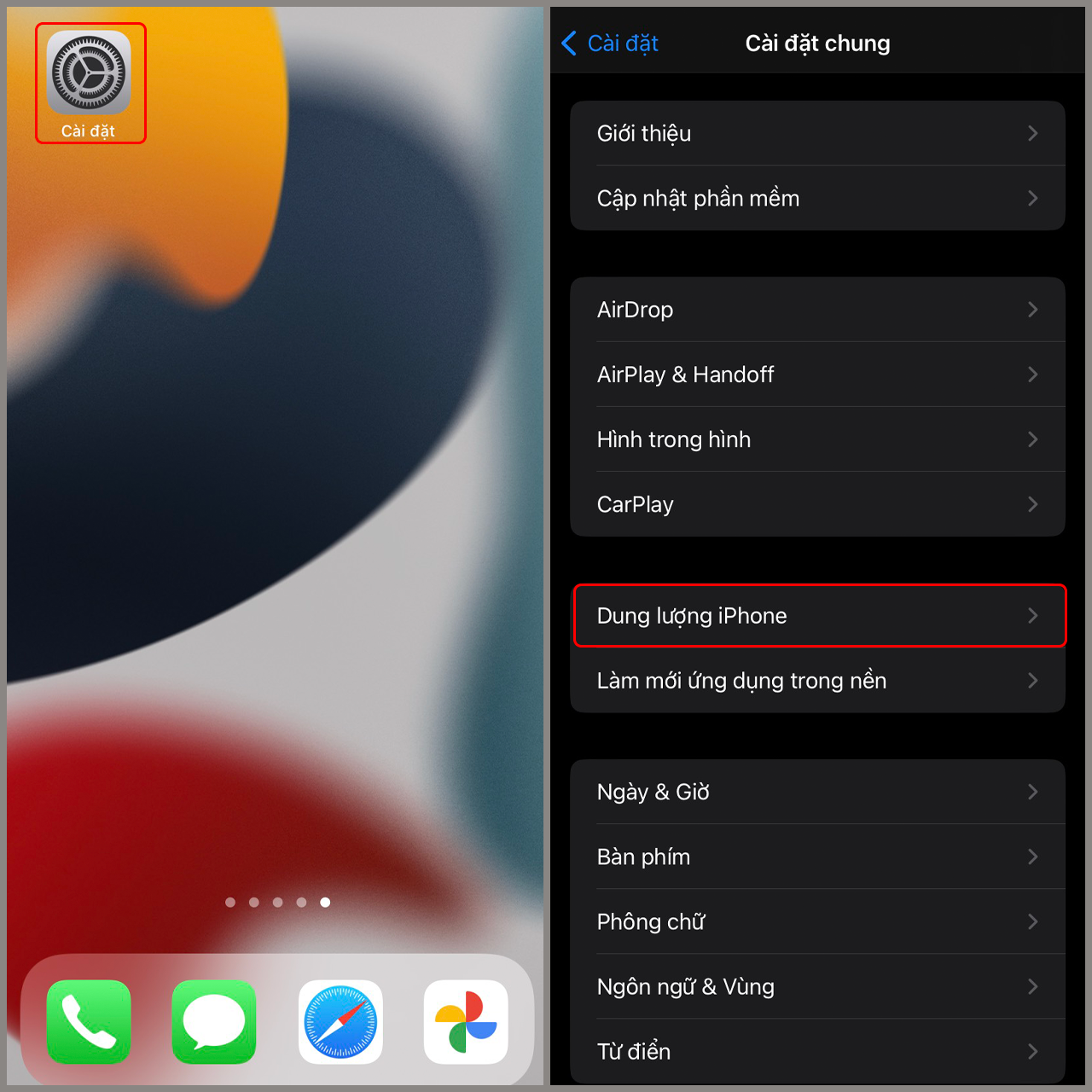 Bước 1: Vào Cài đặt => Cài đặt chung => Dung lượng iPhone